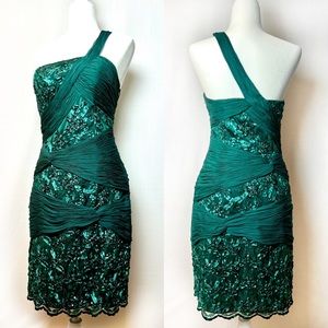 Beautiful emerald green, Sue Wong, one-shoulder evening dress.